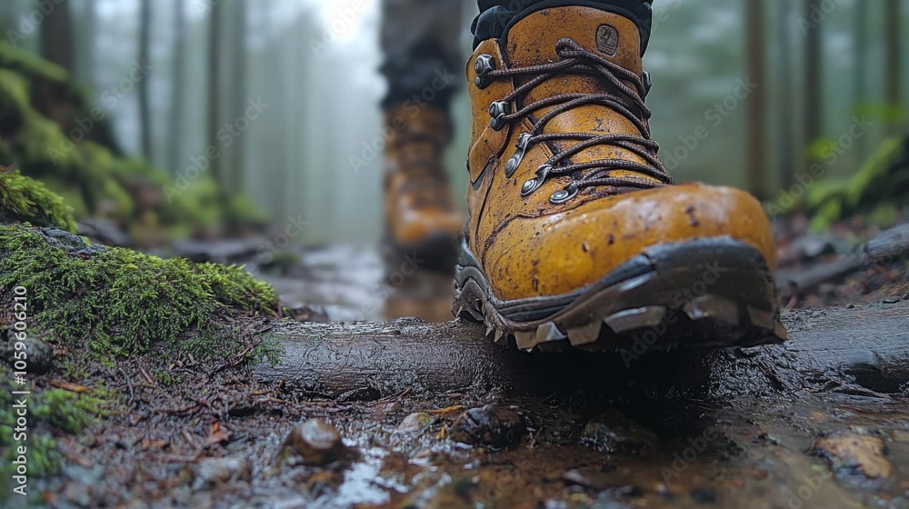 Poster a hiker walks along a muddy path in a misty forest, showcasing rugged boots. the surrounding trees a