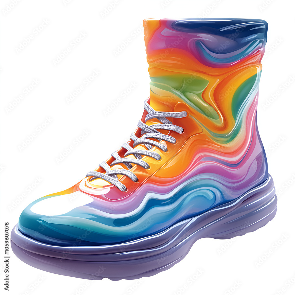 Poster a colorful abstract boot design featuring vibrant swirls and patterns, showcasing creativity in cont