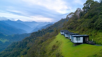 Fototapeta premium Travelers arrive at an eco friendly resort powered by renewable energy and engage in conservation activities outdoors