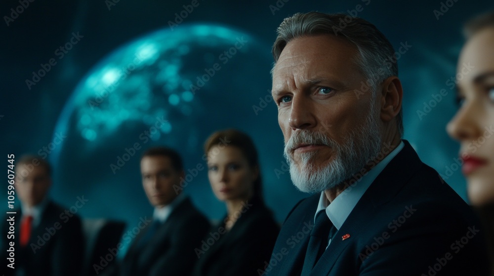 Poster executives collaborate in a modern meeting room with advanced holographic data projections and smart