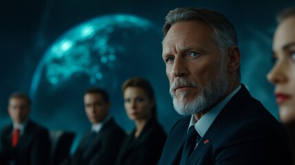 Executives collaborate in a modern meeting room with advanced holographic data projections and smart table technology