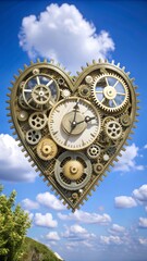 Heart shaped clockwork mechanism against a cloudy blue sky