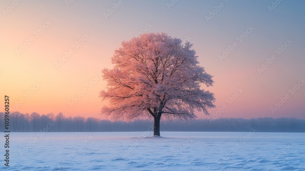 Poster a beautiful tree covered in frost rises prominently in a quiet snowy field as dawn breaks, casting a