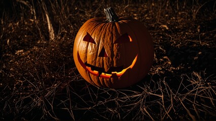 Glowing jack o lantern in spooky halloween night setting