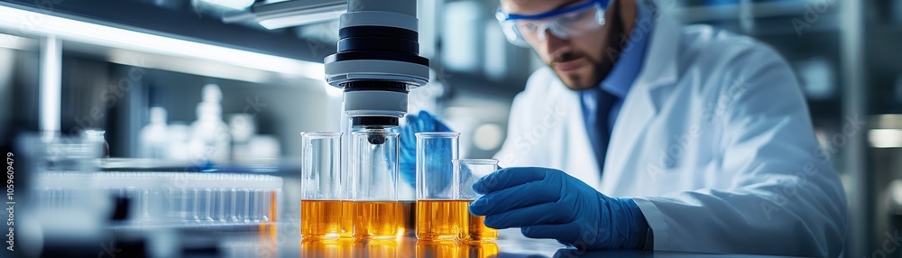 Poster laboratory scientist analyzing samples with precision and focus in a modern setting.