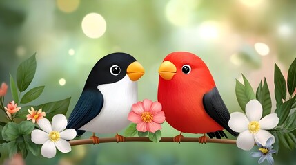 Naklejka premium Two adorable lovebirds perched on a branch sharing a vibrant floral arrangement in a sweet romantic flat design The birds represent love affection