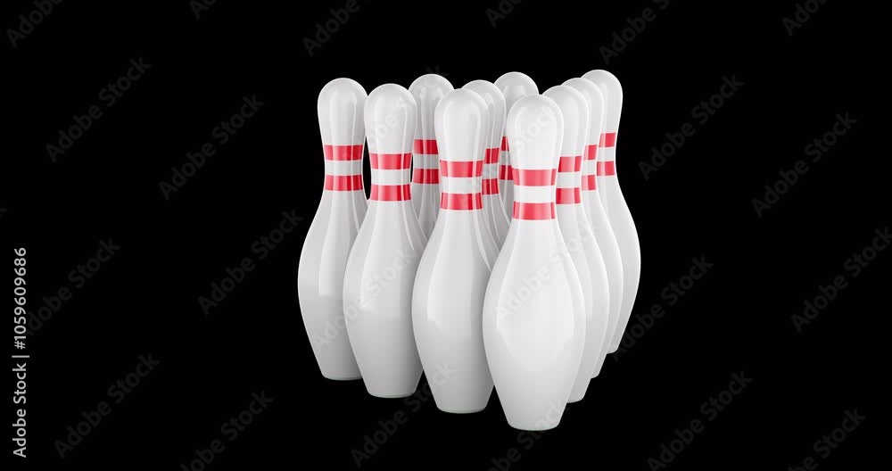 Poster bowling ball and skittles rotation animation, seamlessly loopable. 3d rendering isolated on transpar