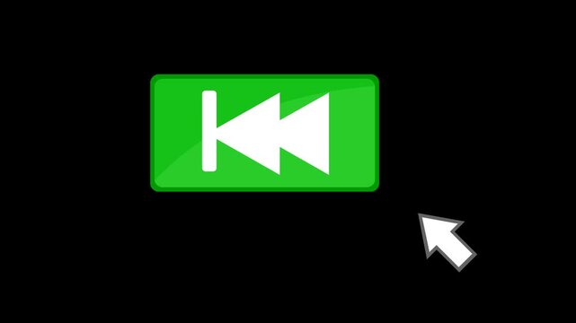 video animation computer mouse cursor clicking on a rewind button digital software, on a transparent background with alpha channel at zero