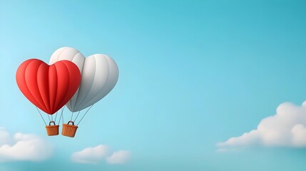 Obraz premium Romantic heart shaped hot air balloon floating in a serene picturesque sky filled with wispy clouds in a flat design The couple inside the balloon are enjoying a blissful