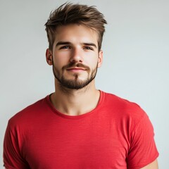 Fototapeta premium Young man in red tee, studio.