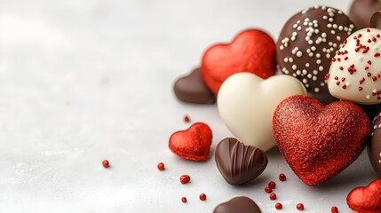 Obraz premium Delectable heart shaped chocolates in various colors and finishes a romantic and indulgent Valentine s Day gift idea or treat for special occasions and Flat design with a range of chocolate