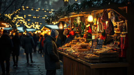 Naklejka premium Winter Scenes With Santa Claus on vacation and taking Selfies, Christmas Tree and christmas balls, Snow, Mistletoe and christmas market, Smiling People during the holidays