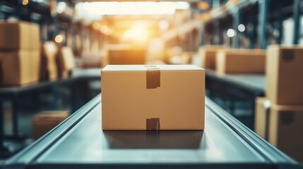 Obraz premium A cardboard box on a conveyor belt in a spacious warehouse during sunset.
