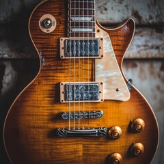 Metal strings and knobs on electric guitar.