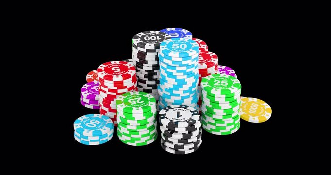 Casino Tokens, Poker Chips rotation animation, seamlessly loopable. 3D rendering isolated on transparent background