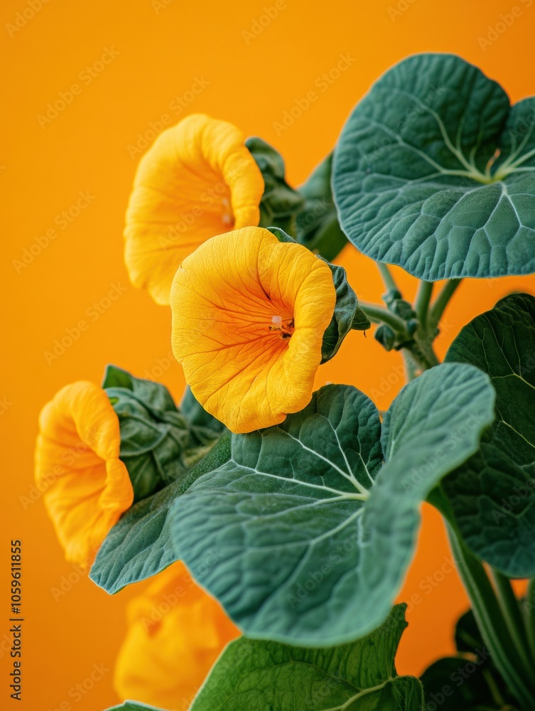 Poster bright yellow squash flowers bloom amid deep green leaves, creating a striking visual contrast in a 