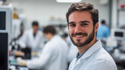 Obraz premium Smiling young male scientist in a lab coat, showcasing a positive lab environment.