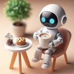 Mini ai robot drinking coffee 
