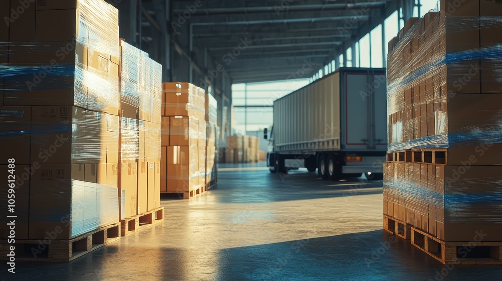 Poster warehouse loading area with stacked boxes and a truck, creating a busy logistics scene.