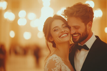 Joyful Bride and Groom Smiling Together in Elegant Wedding Reception, Romantic Moment