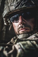 Fototapeta premium Man in military gear looking ahead.