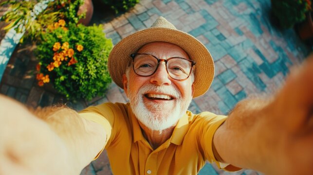 An elderly man takes a selfie with his garden in the background.