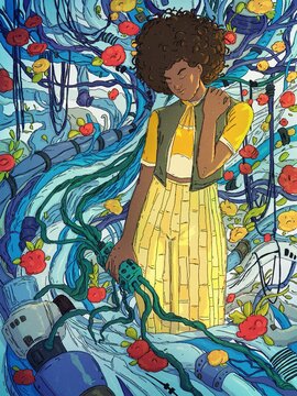 Black woman among cables, wires and flowers