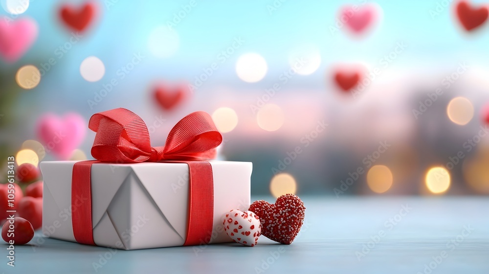 Poster elegant gift box wrapped in a red ribbon with a heart shaped design on a soft blurred background wit