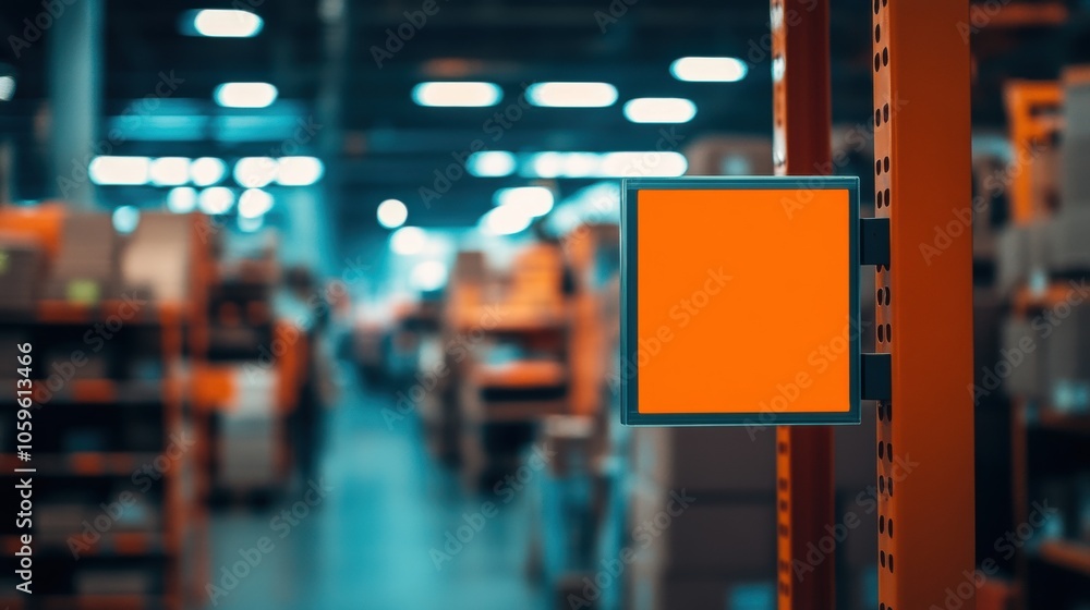Poster empty orange label on a shelf in a warehouse setting.