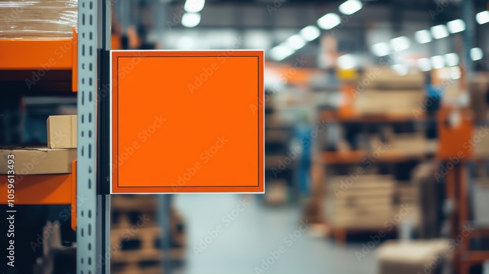 Poster empty orange sign in a warehouse setting with shelves and boxes in the background.