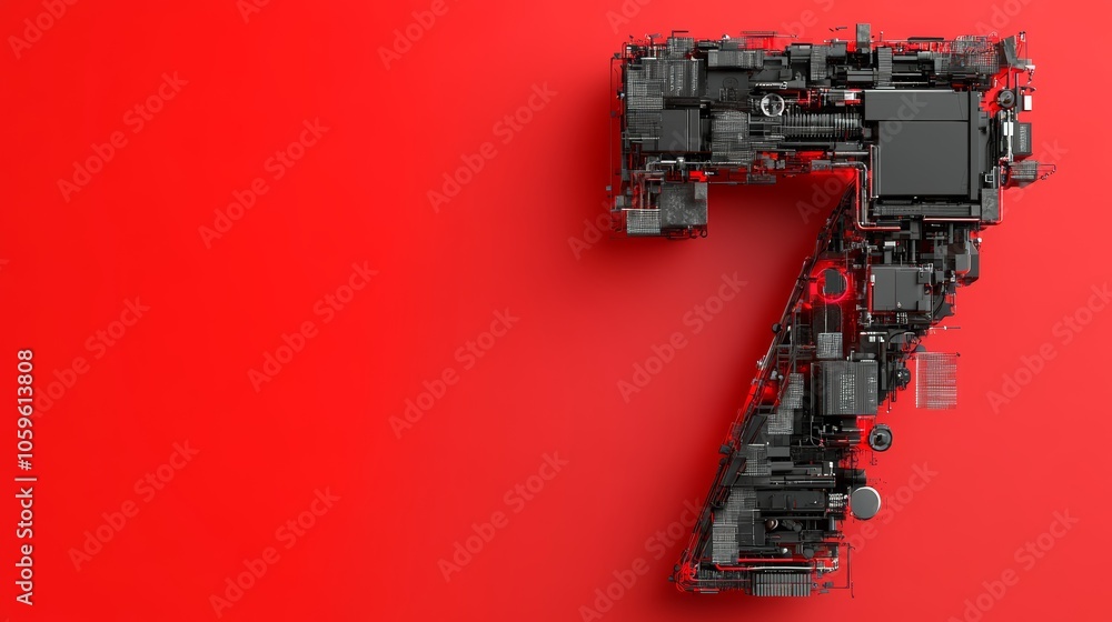 Poster abstract number seven composed of mechanical components on a vibrant red background with intricate d