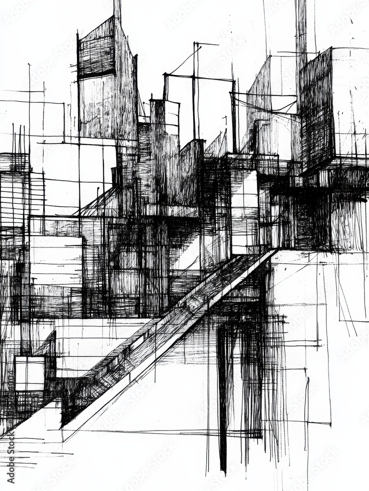 Poster this artwork presents a unique urban landscape filled with abstract shapes, showcasing intricate lin