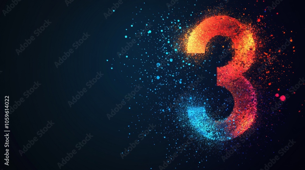Poster colorful number three with splashes of paint on a dark background highlighting creativity and artist