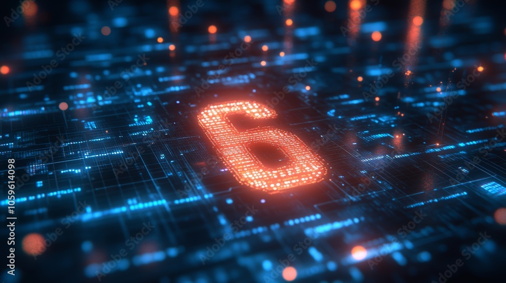 Poster Digital visualization of the number six in glowing orange against a backdrop of blue binary code and circuitry patterns