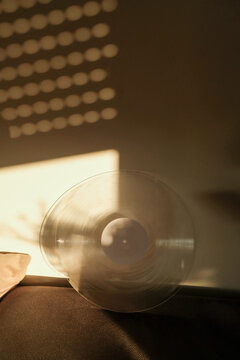 A vinyl disc standing in the sunlight