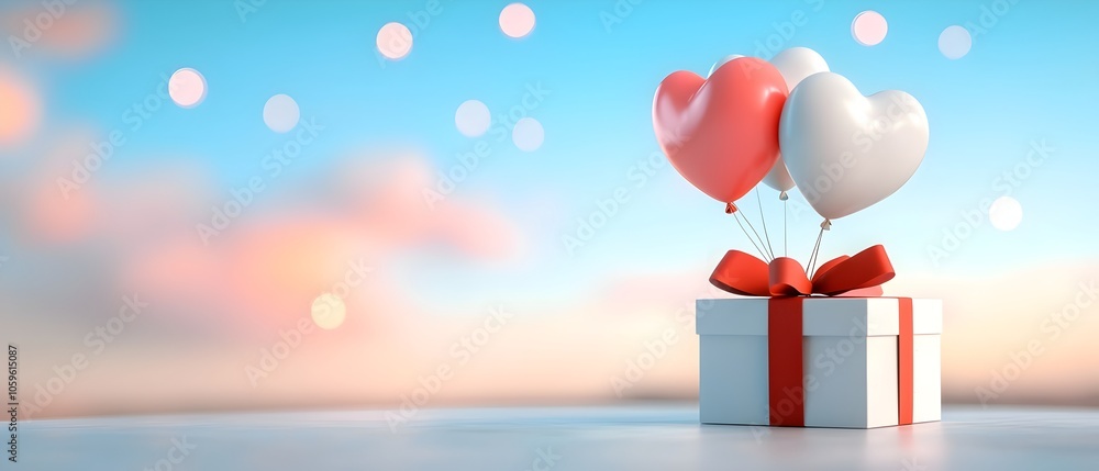 Poster pastel hued gift boxes with heart shaped balloons floating in a dreamy ethereal sky the layered pape