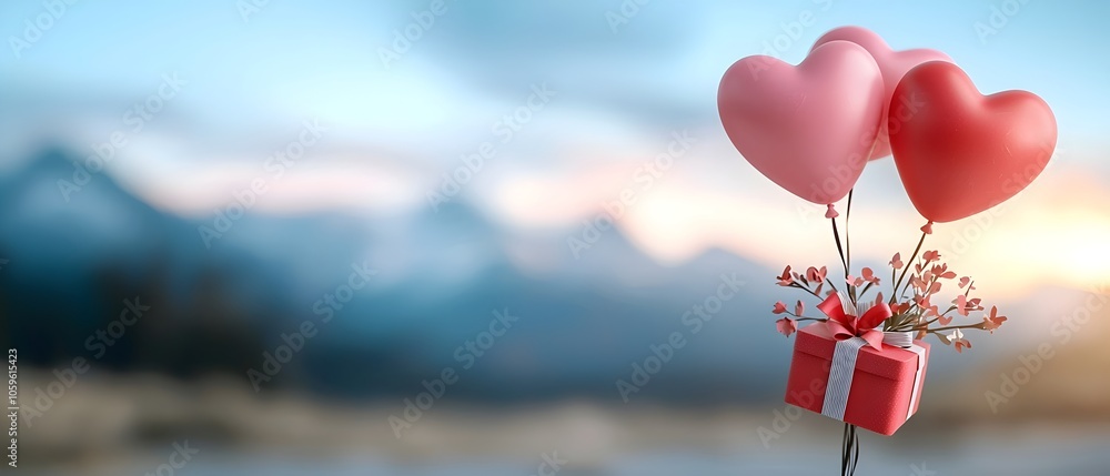 Aufkleber an array of floating heart shaped balloons in pastel shades adorned with gift boxes set against a se