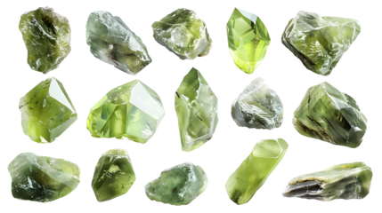 Set of polished and rough peridot stones in light green hues, isolated on white, cut out