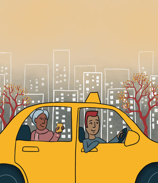 A Taxi driver with elderly passenger in a city
