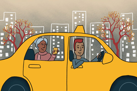 A Taxi driver with elderly passenger 