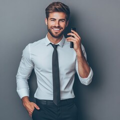 Naklejka premium Shirt-clad man chats on phone.