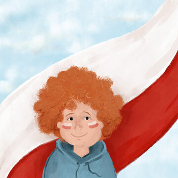 Uśmiechnięty chłopak na tle flagi Polski