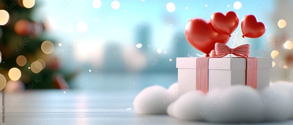 Poster pastel colored gift boxes with red heart balloons floating amidst soft clouds set in a paper cut sty