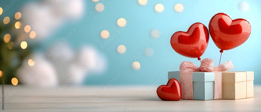Poster pastel colored gift boxes with red heart shaped balloons floating amidst soft wispy clouds in a deli