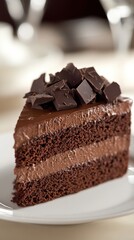 A slice of rich chocolate cake with creamy frosting and chocolate pieces on top, placed on a white plate
