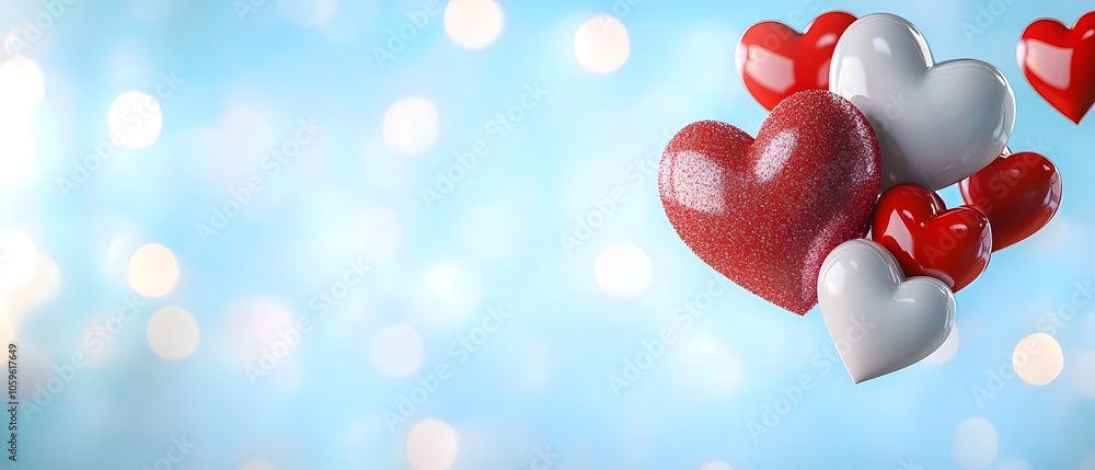 Poster romantic red and white heart shaped balloons floating effortlessly on a light gradient background wi