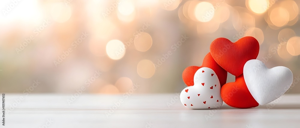 Poster floating red heart shapes on a light gradient background with ample blank space in the center creati