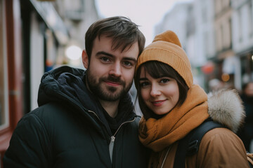 Fototapeta premium A happy couple wearing cozy winter attire, walking and smiling on a busy street in a festive atmosphere during the holiday season, showcasing warmth and togetherness.