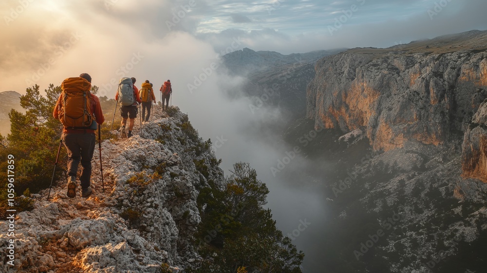 Poster a group of hikers navigates a trail on a rocky mountain ridge, enveloped by mist and early morning l