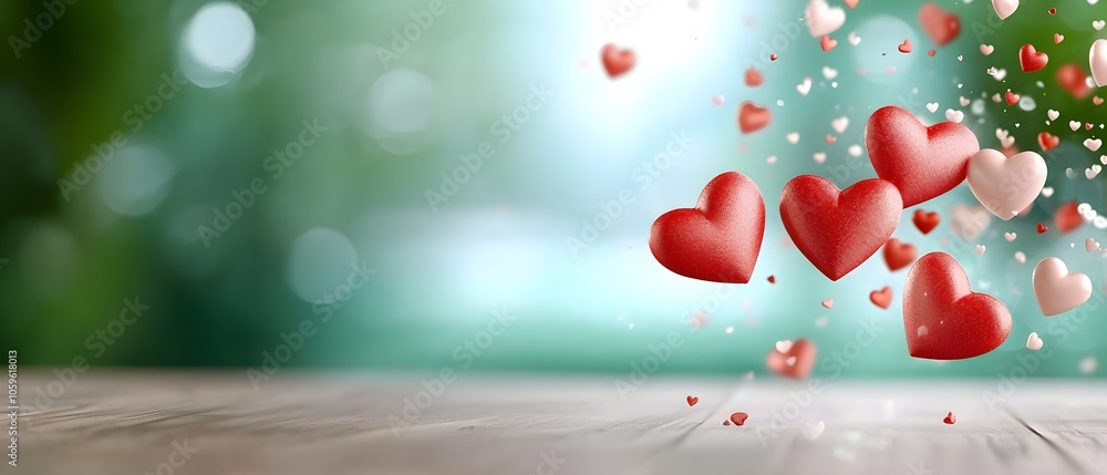 Aufkleber romantic heart shapes floating in a random yet elegant pattern against a blurred ethereal background